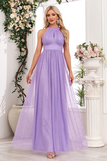 Vestido de fiesta largo halter púrpura brillante